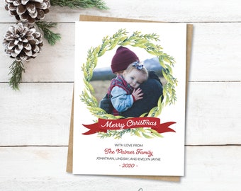 Christmas Photo Card with Greenery / Red and Green Watercolor Christmas Wreath Holiday Photo Card / Printable DIGITAL Family Photo Card