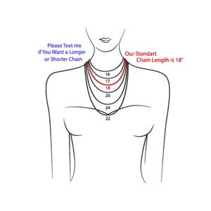 K&ouml;nnte beinhalten: Eine Strichzeichnung eines Torsos, die verschiedene Kettenl&auml;ngen in Zoll zeigt. Die Standardkettenl&auml;nge betr&auml;gt 18 Zoll. Der Text "Please Text me if You Want a Longer or Shorter Chain" befindet sich oben im Bild.