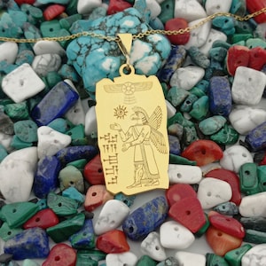 Sumerische Keilschrift Namenshalskette, Anunnaki Anhänger, alte sumerische Mythologie Schmuck, sumerische geflügelte Sonnenscheibenhalskette