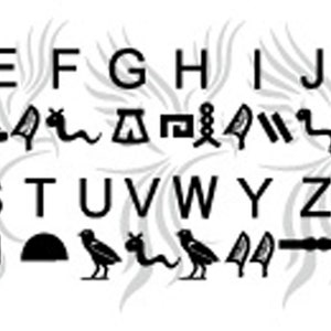 May include: Black and white alphabet with hieroglyphic symbols representing each letter.  A-Z and Q-X are shown.