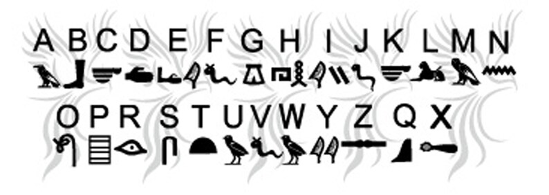 May include: Black and white alphabet with hieroglyphic symbols representing each letter.  A-Z and Q-X are shown.