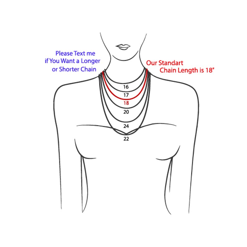 May include: A line drawing of a person's torso showing different necklace lengths in inches. The standard chain length is 18 inches. The text "Please Text me if You Want a Longer or Shorter Chain" is at the top of the image.