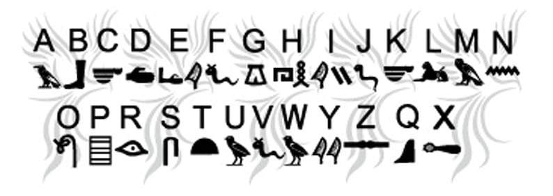 K&ouml;nnte beinhalten: Schwarzwei&szlig;es Alphabet mit Hieroglyphen, die jeden Buchstaben darstellen. A-Z und Q-X werden angezeigt.