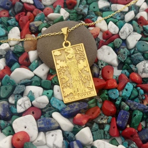 The Tower Double Sided Pop Art Tarot Card Necklace, Custom Made Spiritual Tarot Card Jewelry, Silver Tarot Pendant, Mystic Jewelry