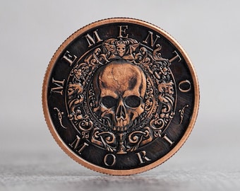 Memento Mori EDC Antiqued or Dark Patina Challenge Coin | Worry Fiddle EDC | Everyday Carry Copper | Skull Stoic Men's Leather Gift