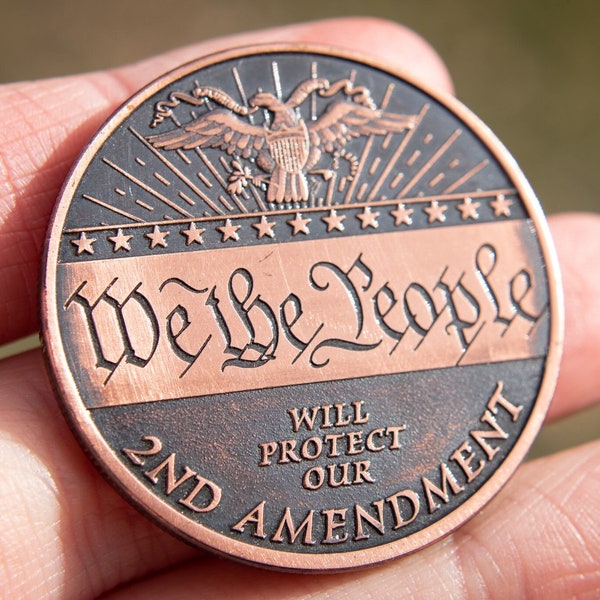 We the People Second Amendment Challenge Coin | Copper Antique Patina | EDC Every Day Carry | USA Flag | Poker Guard | Worry Stone | Fidget