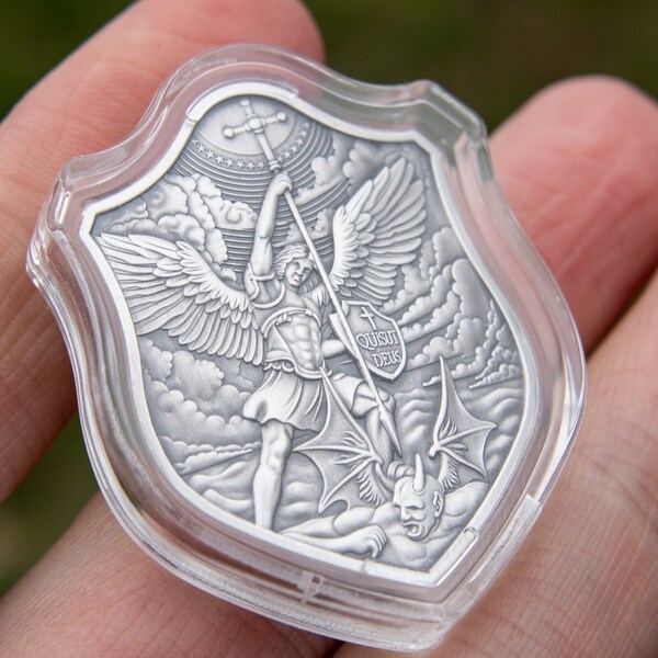 1/2oz antieke zilveren St Michael uitdaging munt | Dagelijks dragen | Zorgsteen | Viool EDC | Heilige Engel van Bescherming
