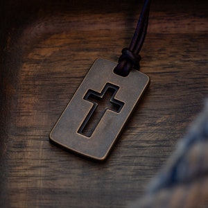 Cross Bronze Dog Tag Pendant - Mens Christian Handmade Bronze Necklace - Leather Cord Titanium Curb Chain - Baptism Salvation Gift - Large