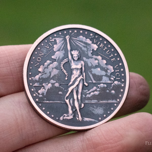 Challenge Coin EDC Worry Coin - Non Vi Virtue Vici Copper Antique Patina Custom Coin | Poker Fiddle | Women Lady Female | Handmade Leather