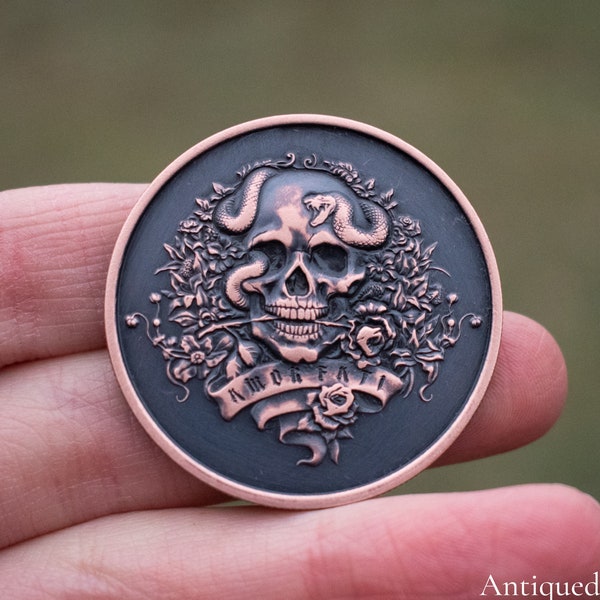 Amor Fati Latin Challenge Coin | Hobo Nickel | Worry Fiddle EDC | Everyday Carry Copper | Skull Stoic Men's Leather Gift | Love of Fate