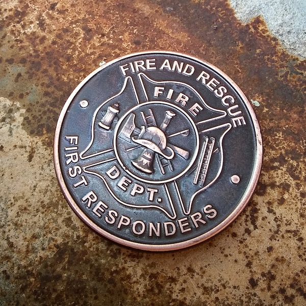 Firefighter Challenge Coin | Copper Antique Patina Medallion | Worry Fiddle EDC | Fire Rescue First Responder Fireman Gift | Leather Gear