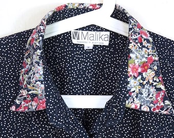 Chemise boutonnée à manches longues bleu marine pour femme - Motif à pois avec col floral - Chemisier à col classique - Haut décontracté et chic pour tous les jours