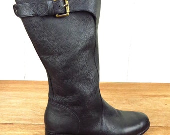 Women's Black Leather Biker Boots - Flat High Calf, Durable Everyday Casual Footwear, Versatile Fashion, Size 37