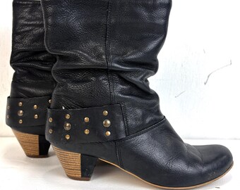 Vintage Black Leather Studded Ankle Boots with Heels – Retro Punk Rock Booties – Women's Gothic High-Heeled Booties