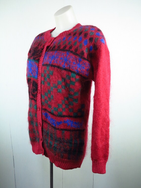 Red Abstract Pattern Cardigan / Vintage Mohair Wo… - image 9