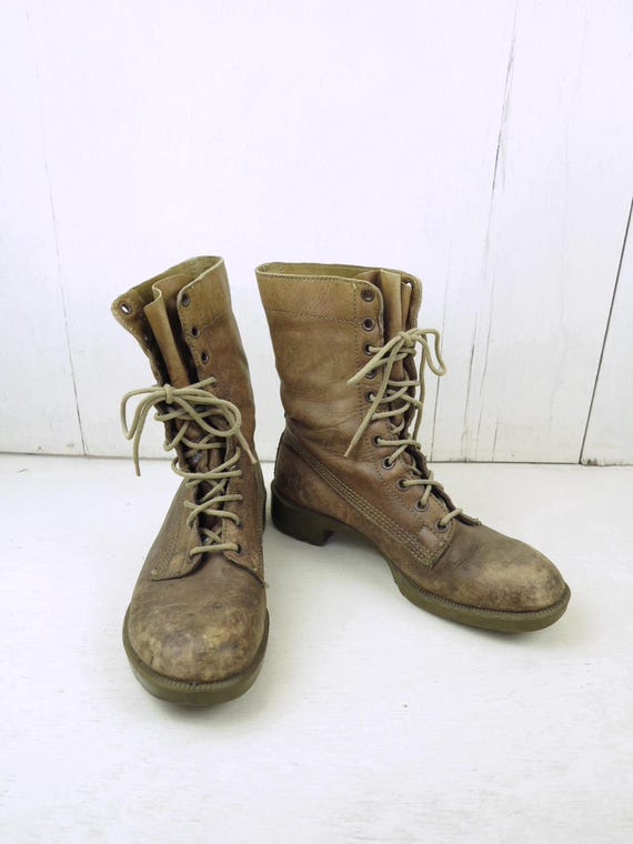 Beige Leather Work Boots – Vintage Combat Boots – Military Grunge Punk Style – Rugged Workwear Boots – Unisex Fashion - Biker Boots
