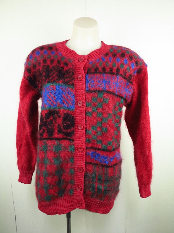 Red Abstract Pattern Cardigan / Vintage Mohair Wo… - image 3