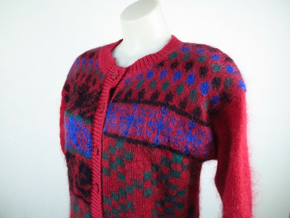 Red Abstract Pattern Cardigan / Vintage Mohair Wo… - image 8