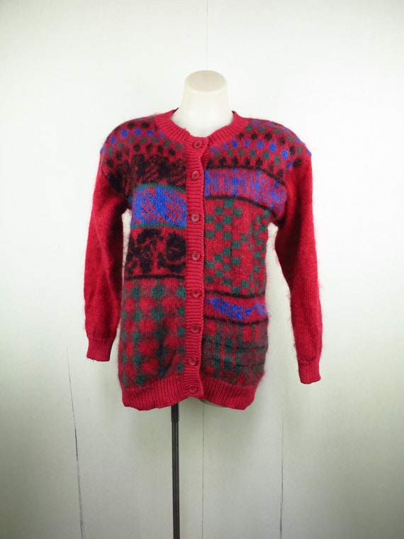 Red Abstract Pattern Cardigan / Vintage Mohair Wo… - image 2