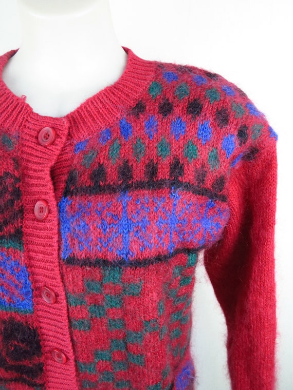 Red Abstract Pattern Cardigan / Vintage Mohair Wo… - image 4