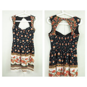 Black Floral Dress, Babushka Flower Dress, Boho Summer Dress, Folklore, Backless Short Dress, Bohemian