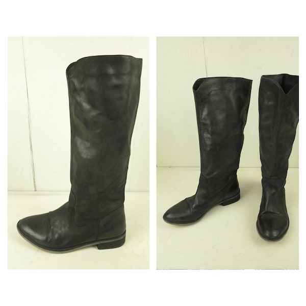 Black Leather Boots, Vintage Boots, Flat High Calf Boots,Everyday Leather Boots, Biker Boots