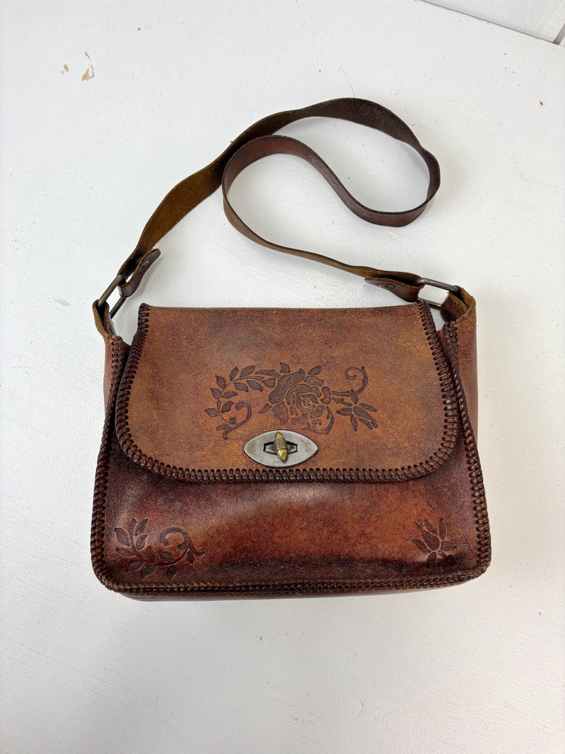Vintage Light Brown Hand Tooled Leather Shoulder Bag w/ Embossed Floral Accents