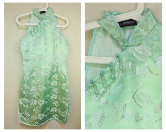 Aqua Mini Cheongsam Dress / Turquoise Qipao Dress / Short Chinese Maxi Dress / Traditional / Asian Mandarin / Oriental Min Green Paisley