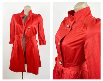 Red Satin Summer Dress Coat, Elegant Rockabilly Long Jacket, Elegant Red Coat with belt, 3/4 sleeves and pockets, Bright Red Stand-Up Collar