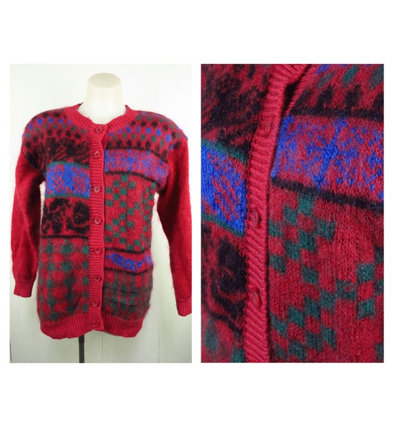 Red Abstract Pattern Cardigan / Vintage Mohair Wo… - image 1