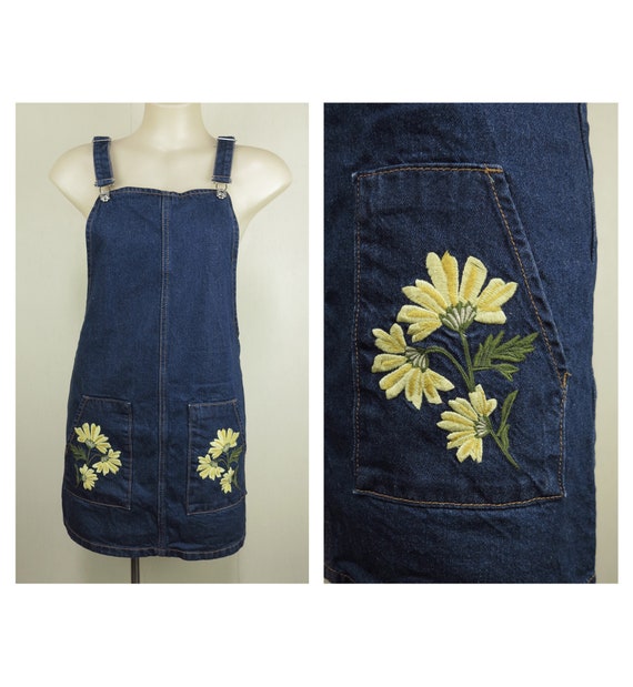 Blue Retro Denim Pinafore with Floral Embroidery /