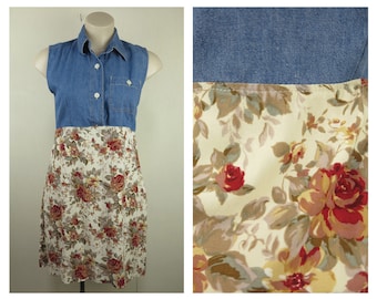 Cute Retro Denim Dress / Vintage Floral Summer Dress / Retro Jean / Blue Mini Cotton / 70s A Line Dress / Overall Dress / Mini Beach Dress