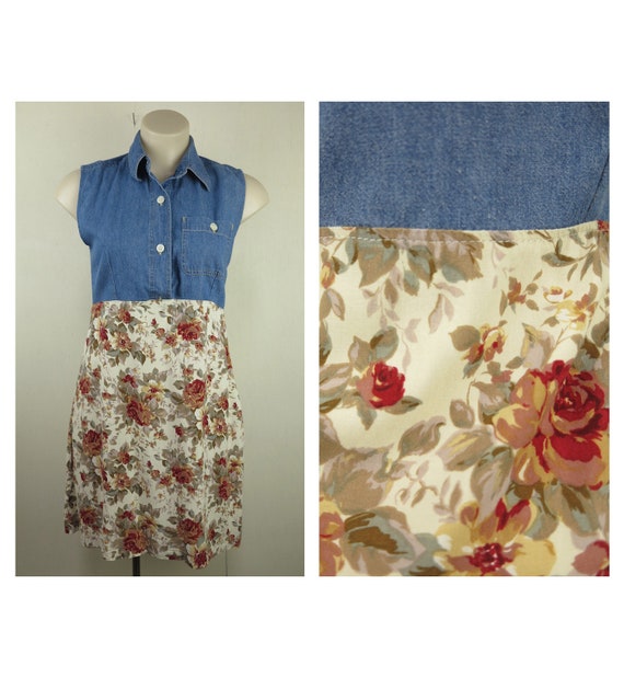 Cute Retro Denim Dress / Vintage Floral Summer Dress / Retro Jean / Blue Mini Cotton / 70s A Line Dress / Overall Dress / Mini Beach Dress