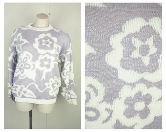 80s Light Purple Jumper, 90s Floral Sweater, Vintage Pastel Purple Pullover, Hippie Flower Power Jumper