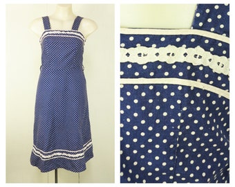 Vintage Polka Dot Dress / Navy Rockabilly Dress / Dotted Dress / Fit and Flare / Swing Dress / Cocktail Party / Summer Dress