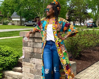 Zahara Ankara Kimono Jacket African Print Duster with Pockets XS - Plus Size