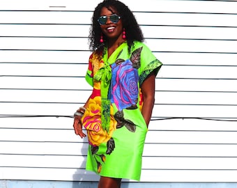 Oge African Print Dress with Pockets | Floral Ankara Cotton Dress XS-Plus Sizes