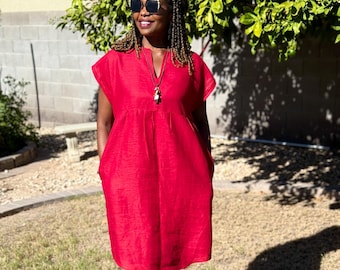 Vestido de lino rojo: Túnica informal holgada con bolsillos - Lily