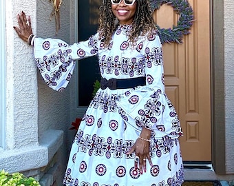 Zika Women's Midi Dress Black And White African Print  Dress  Flare Sleeves