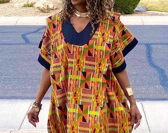 African Kente Print Kaftan Maxi Dress – Bubu Style Loose Ankara Clothing
