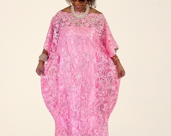 Pink Lace Kaftan Dress: Nigerian Sequin Bubu, Plus Size Available