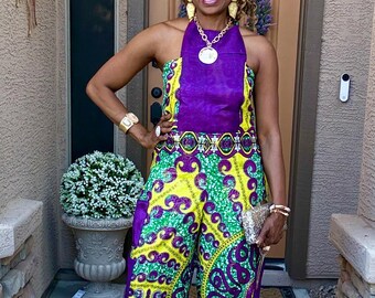 Colu Women’s Jumpsuit African Print Romper Ankara Batik Cotton Wide Pants