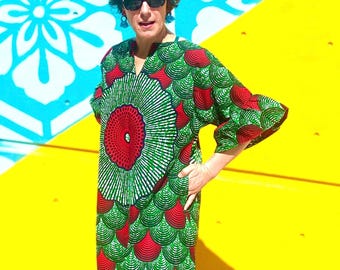 Red and Green African Print Midi Dress, Fit and Flare, Plus Size