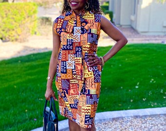 Ona Handmade African Print Midi Dress – Cotton Bow Tie Neck, XS-Plus Sizes