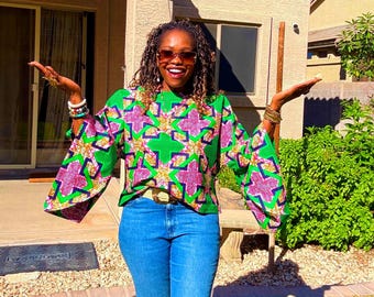 African Print Women's Top, Ankara Blouse Green and Pink Long Sleeve Dora Blouse For Women  XS-3XL