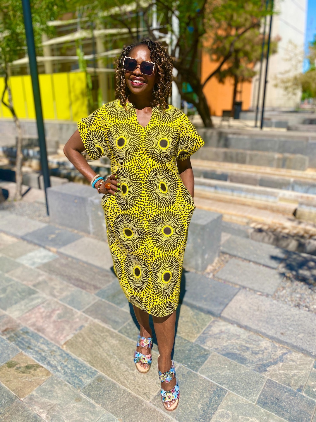 yellow pattern dress Mini or no bra Pattern Shift Dress Tabby /