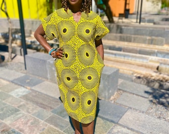 Yelu Yellow African Print Midi Dress with Pockets | Ankara Cotton Dress