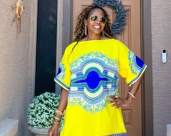 Jane Ankara Kaftan Top: African Dashiki Print Cotton Blouse with Side Slits XS- Plus Sizes