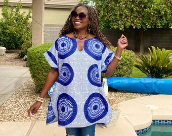 Jaz Tops for Women Kaftan Boho Tops Festival Blouse Long Tops African Clothing Ankara Tops with Slits Blue and WhiteCircles Blouse Summer