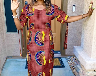 Kira Ankara African Print Midi Dress with Puff Sleeves, Ankara Clothing For Summer XS- Plus Sizes